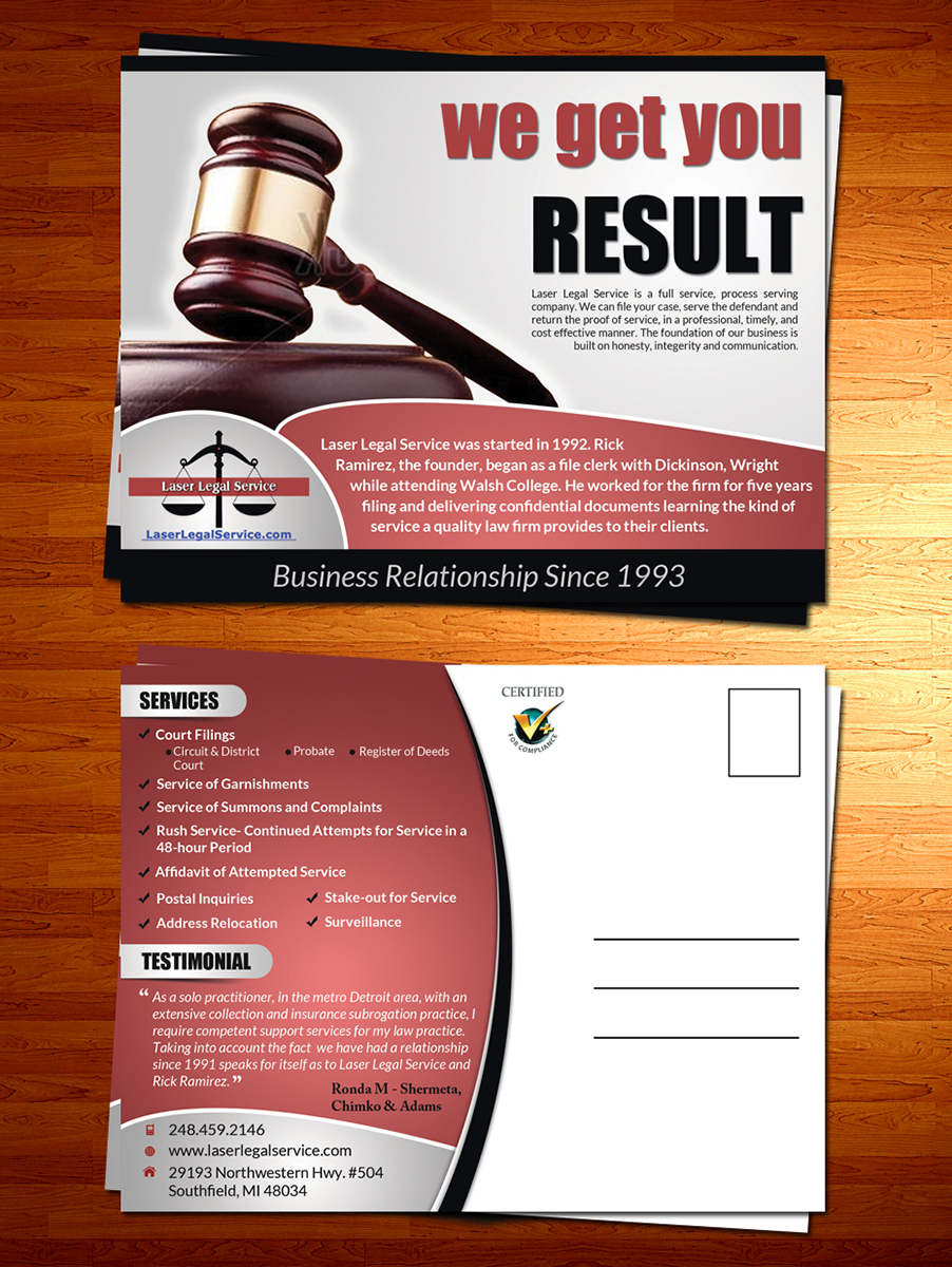 Postcard Design by ESolz Technologies for Laser Legal Service | Design #5528792