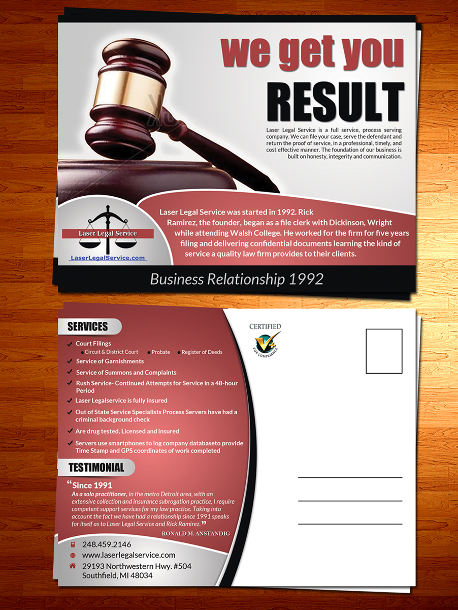 Postkarten-Design von ESolz Technologies für Laser Legal Service | Design #5557553
