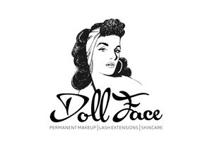 Logo, illustration  DollFace, permanent makeup, eyelash extensions& skincare with a pinup,rockabilly | Diseño Vectorizado por Fabio Piscicelli