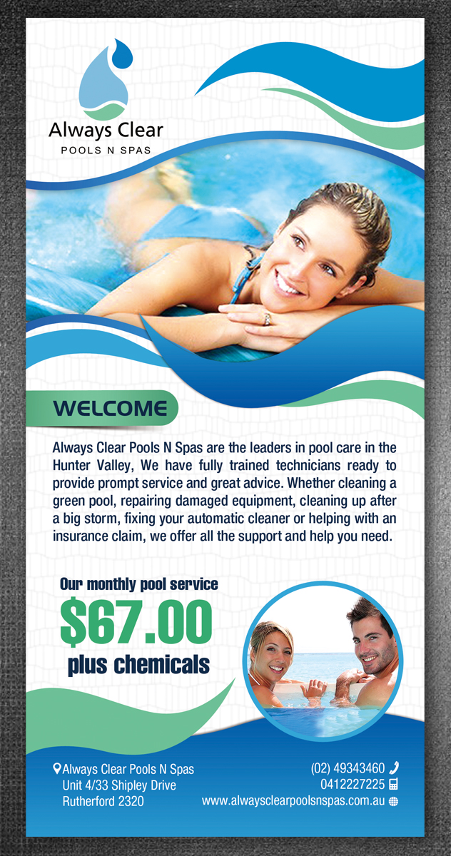 Diseño de Flyer por ESolz Technologies para always clear pools n spas | Diseño #5594144