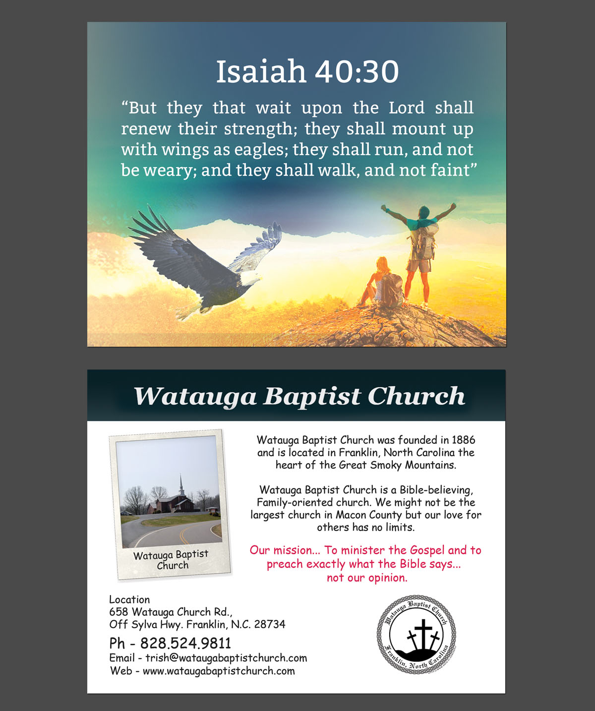 Postcard Design by NatPearlDesigns for Watauga Baptist Church | Design #5703550