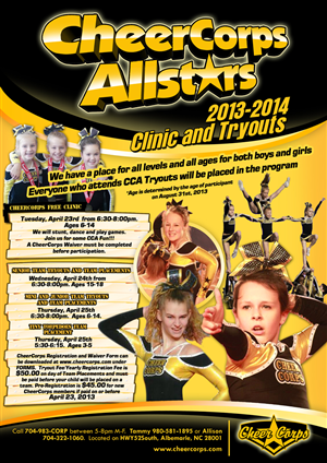 CheerCorps Allstars 2013-2014 Tryouts | Diseño de Flyer por Robby SC