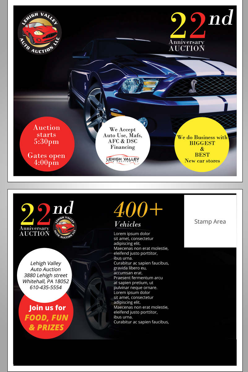 Postcard Design by roopaljain for LEHIGH VALLEY AUTO AUCTION | Design #5985950