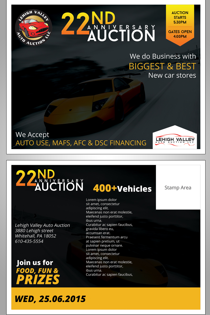Postcard Design by roopaljain for LEHIGH VALLEY AUTO AUCTION | Design #5985962