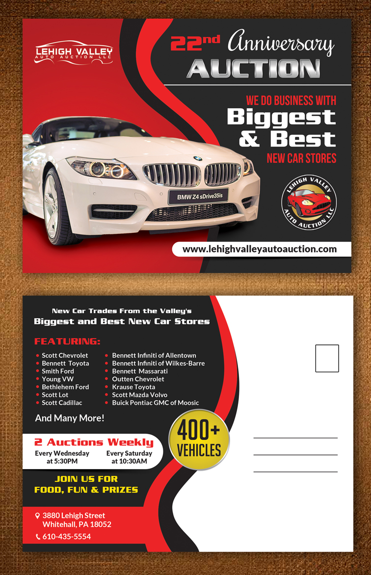 Postkarten-Design von ESolz Technologies für LEHIGH VALLEY AUTO AUCTION | Design #5977130