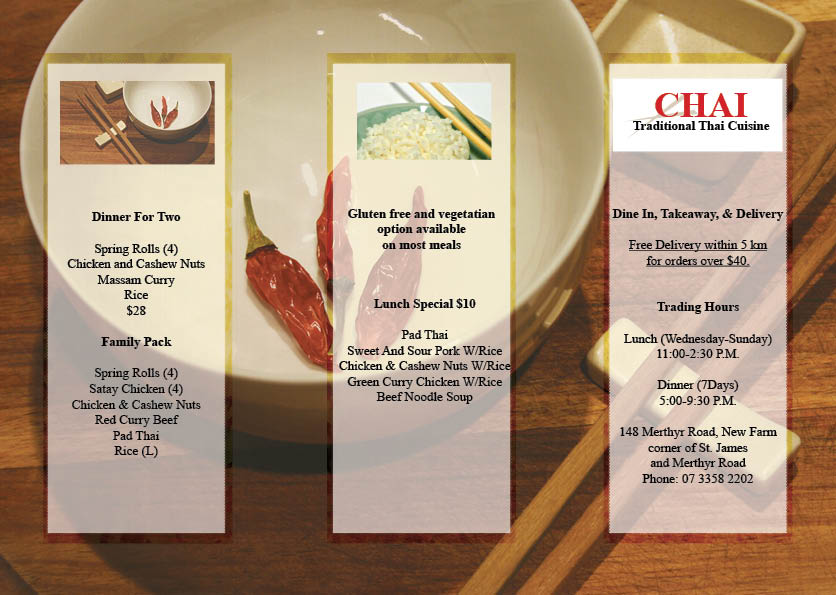 Brochure Design by LJDesigns for Chai Thai | Design #1654121
