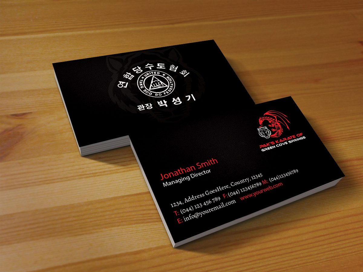 Business Card Design by Creations Box 2015 for Pak''s Karate of Green Cove Springs | Design #6311671