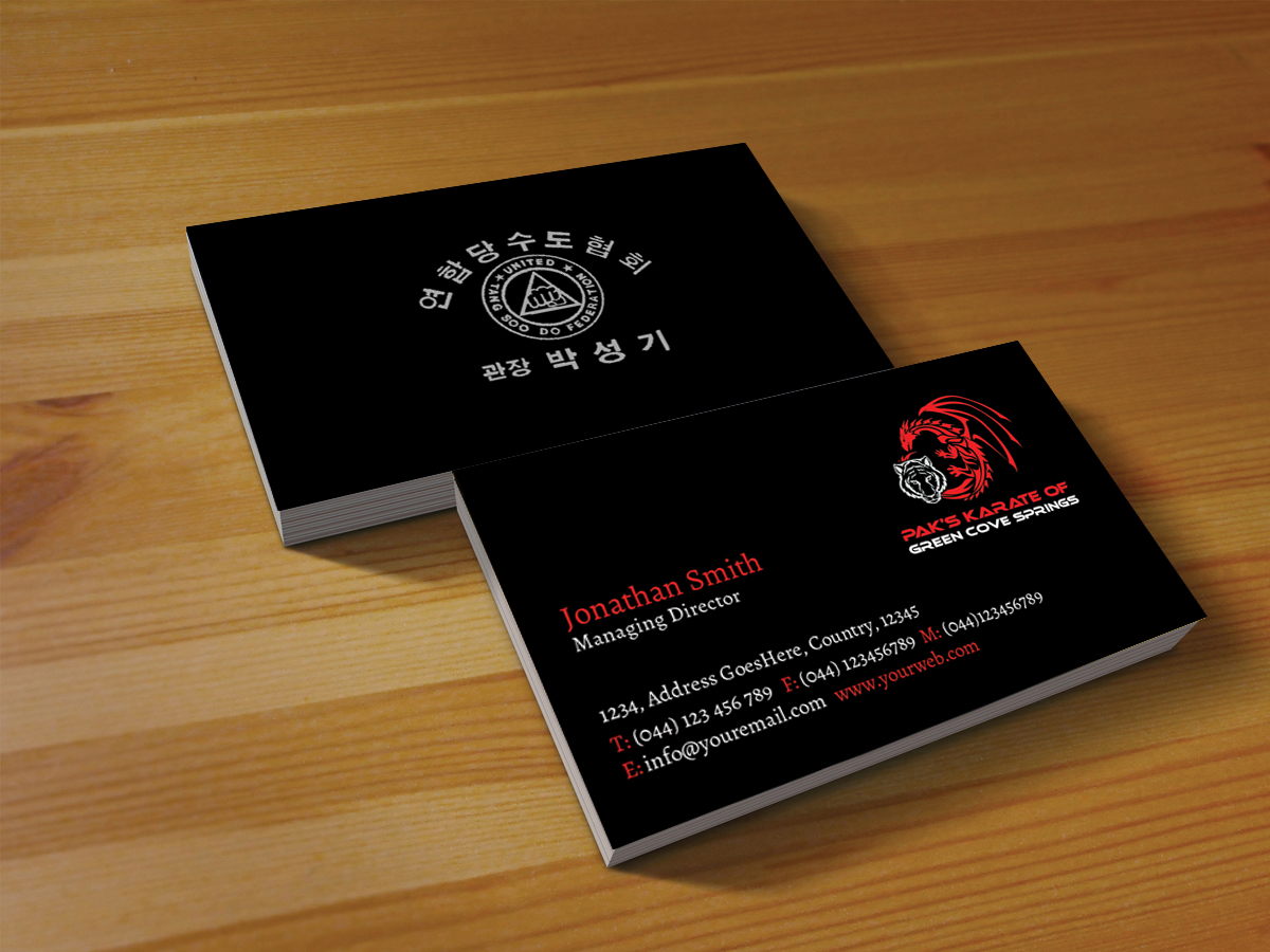 Business Card Design by Creations Box 2015 for Pak''s Karate of Green Cove Springs | Design #6314986