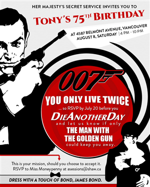 James Bond-themed e-vite for my dad's 75th birthday party