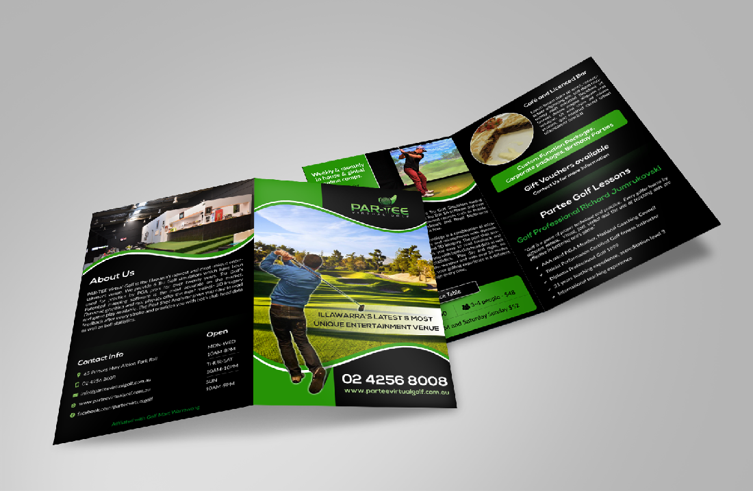 Diseño de Brochure por pivotaldesign.biz para Par-Tee Virtual Golf | Diseño #6398294