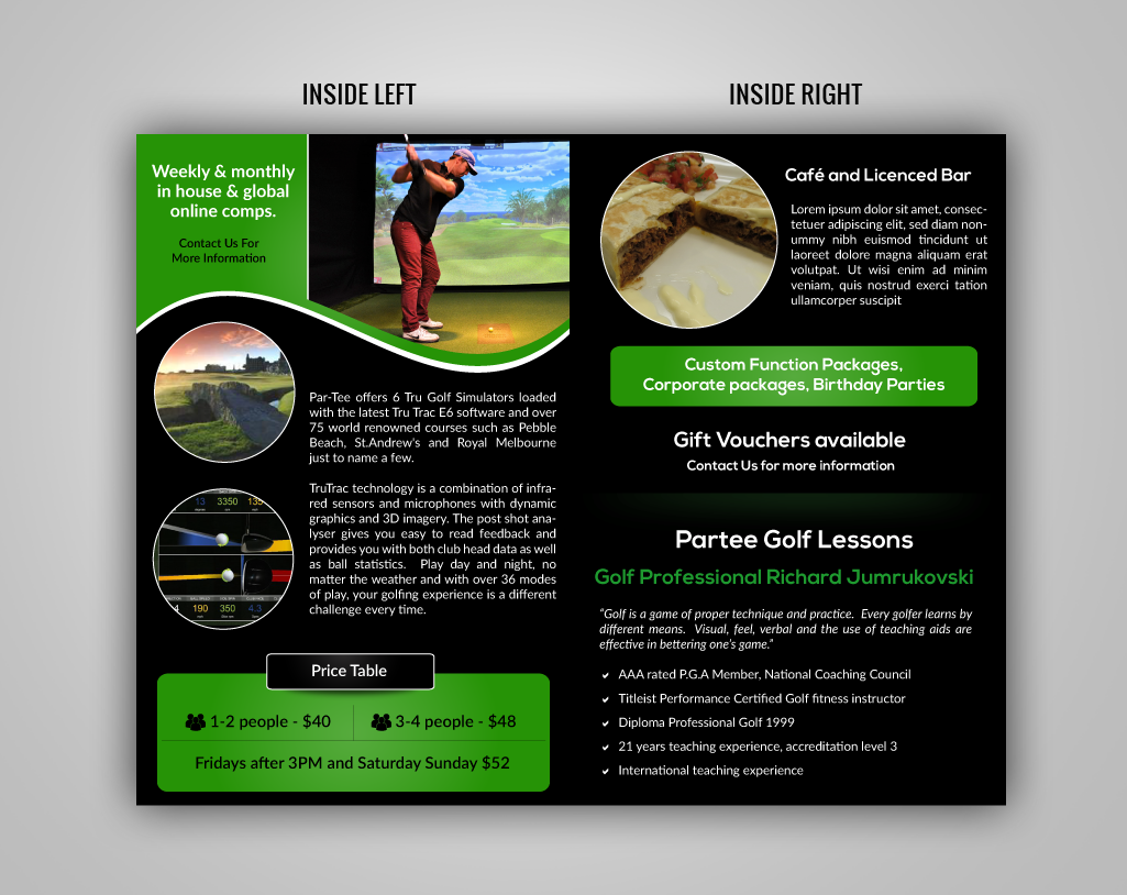 Diseño de Brochure por pivotaldesign.biz para Par-Tee Virtual Golf | Diseño #6398301