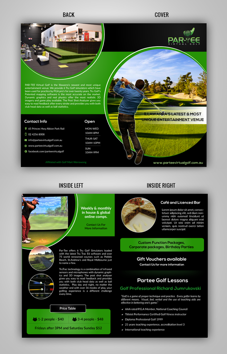 Diseño de Brochure por pivotaldesign.biz para Par-Tee Virtual Golf | Diseño #6398303