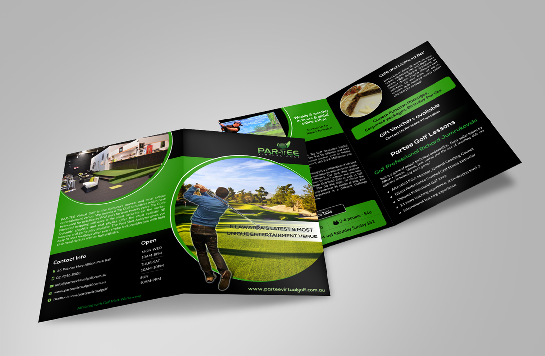 Diseño de Brochure por pivotaldesign.biz para Par-Tee Virtual Golf | Diseño #6398308