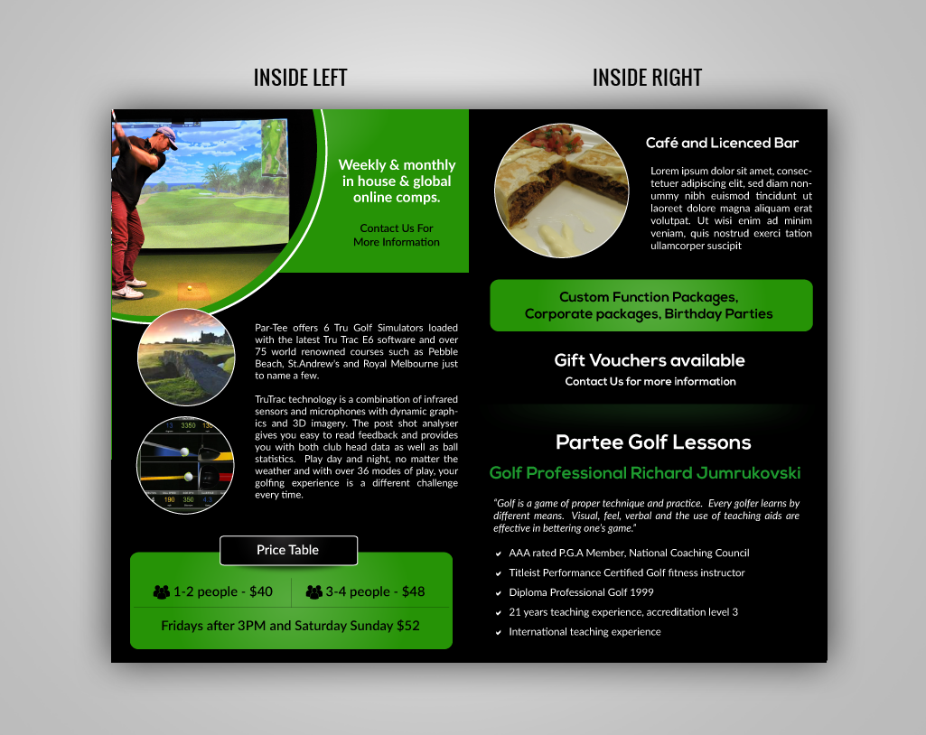 Diseño de Brochure por pivotaldesign.biz para Par-Tee Virtual Golf | Diseño #6398315
