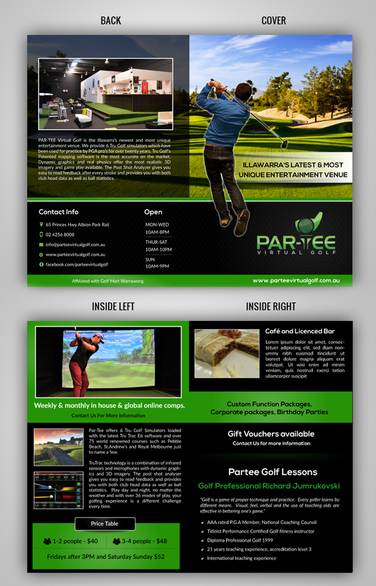 Diseño de Brochure por pivotaldesign.biz para Par-Tee Virtual Golf | Diseño #6398319