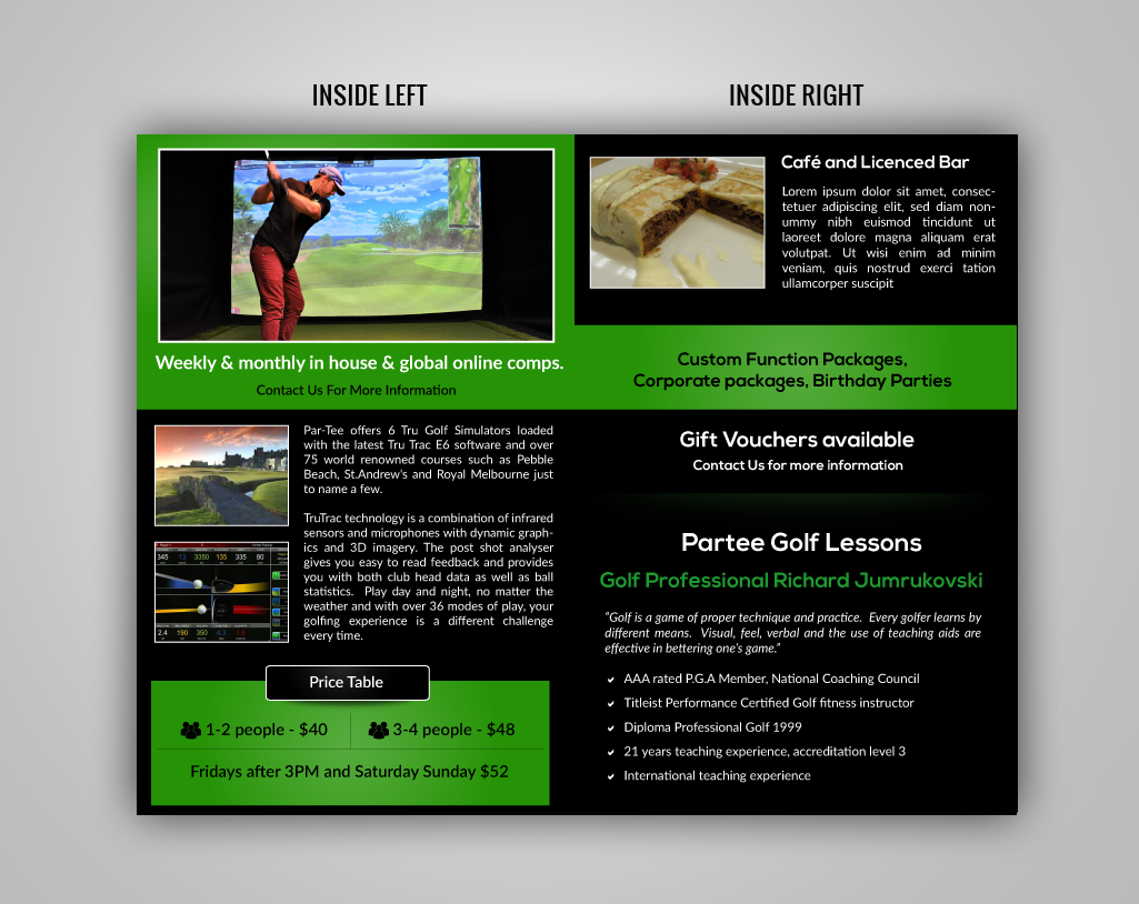 Diseño de Brochure por pivotaldesign.biz para Par-Tee Virtual Golf | Diseño #6398345