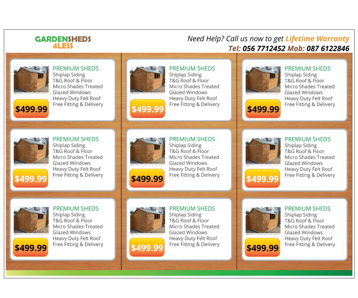 Brochure Design by Designer Destiny for Garden Sheds Ireland | Design #6441060