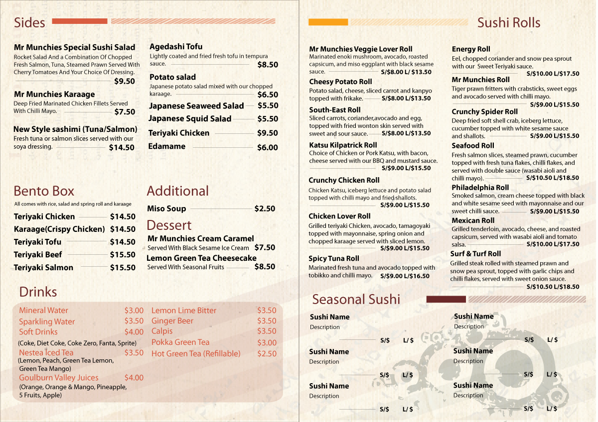 Menu Design by CarolC for Munchies Food Pty Ltd | Design #1720369