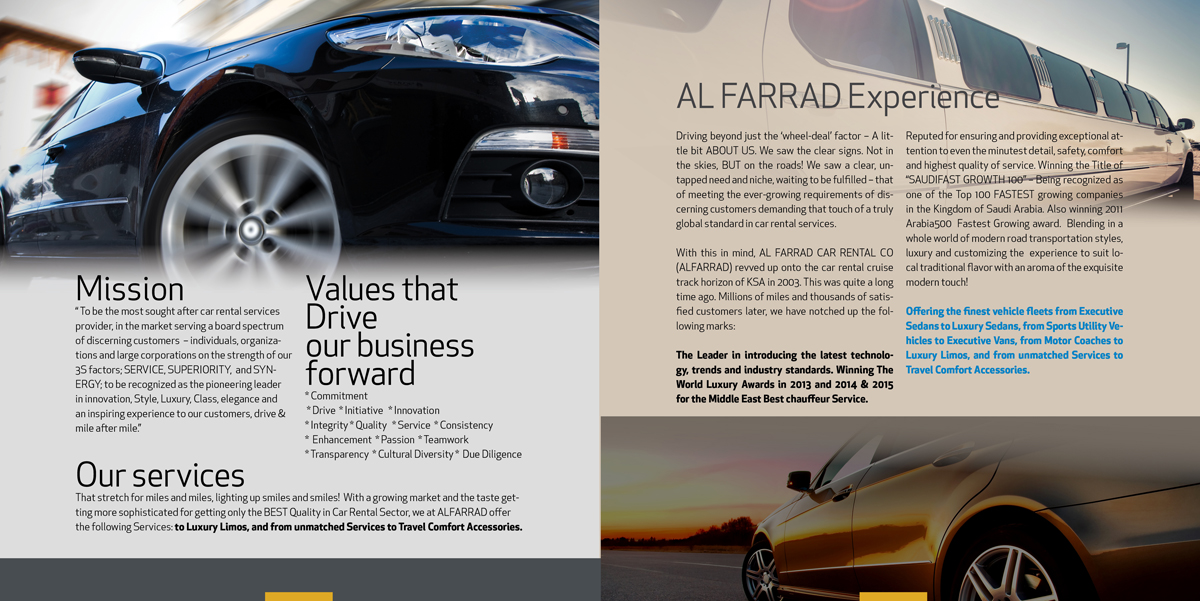 Brochure Design by INGA DESIGN for Al Farrad Car Rental Co. | Design #6586999