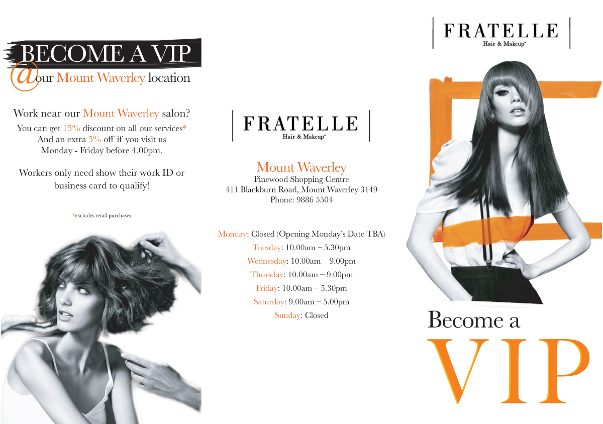Brochure Design by catherinehopkins for Fratelle Hair & Make up | Design #1809737