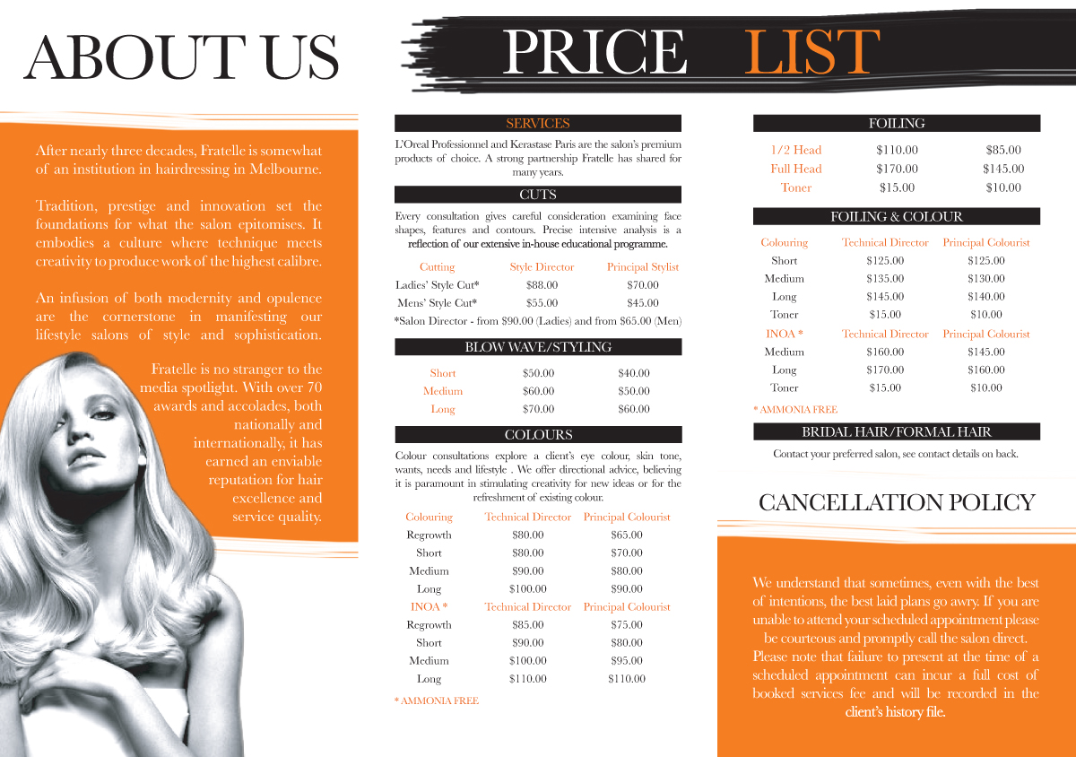 Brochure Design by catherinehopkins for Fratelle Hair & Make up | Design #1809741