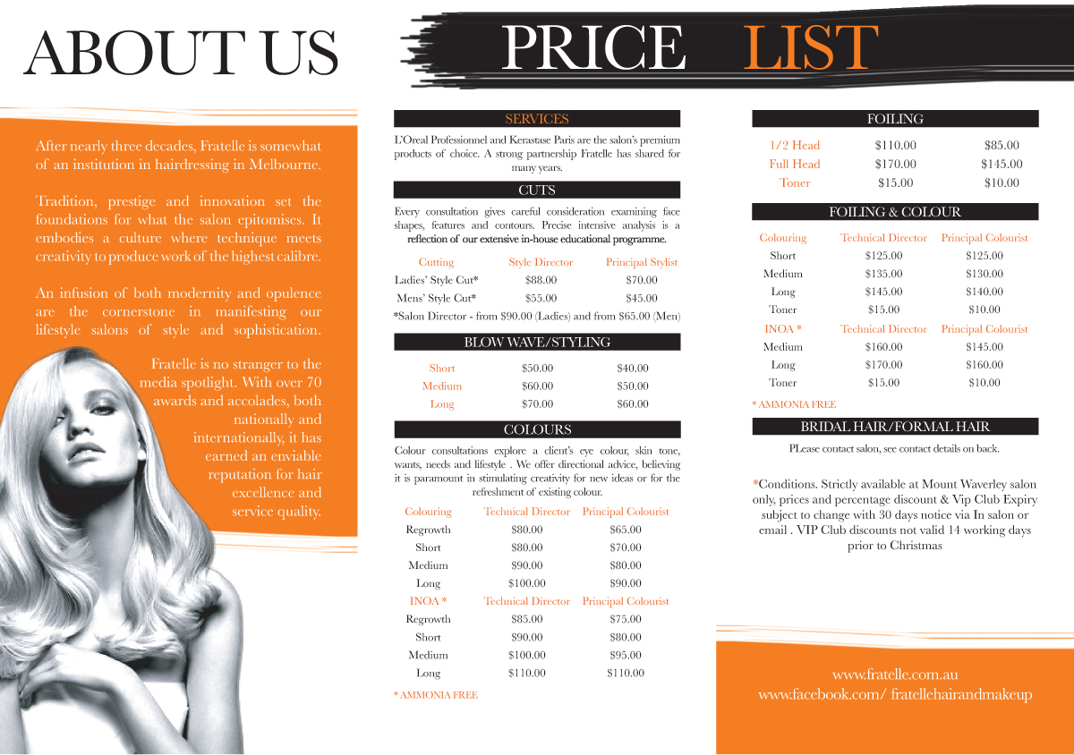 Brochure Design by catherinehopkins for Fratelle Hair & Make up | Design #1818677