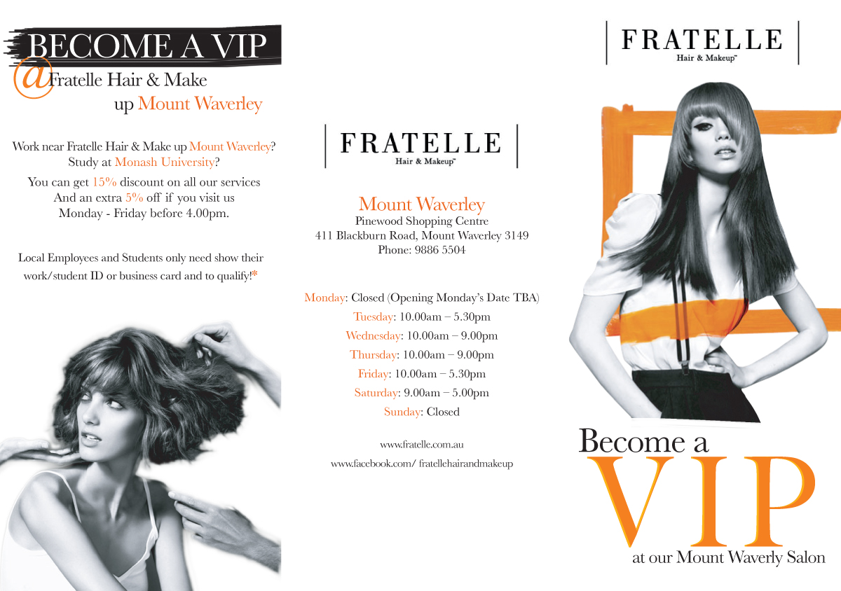Brochure Design by catherinehopkins for Fratelle Hair & Make up | Design #1838245