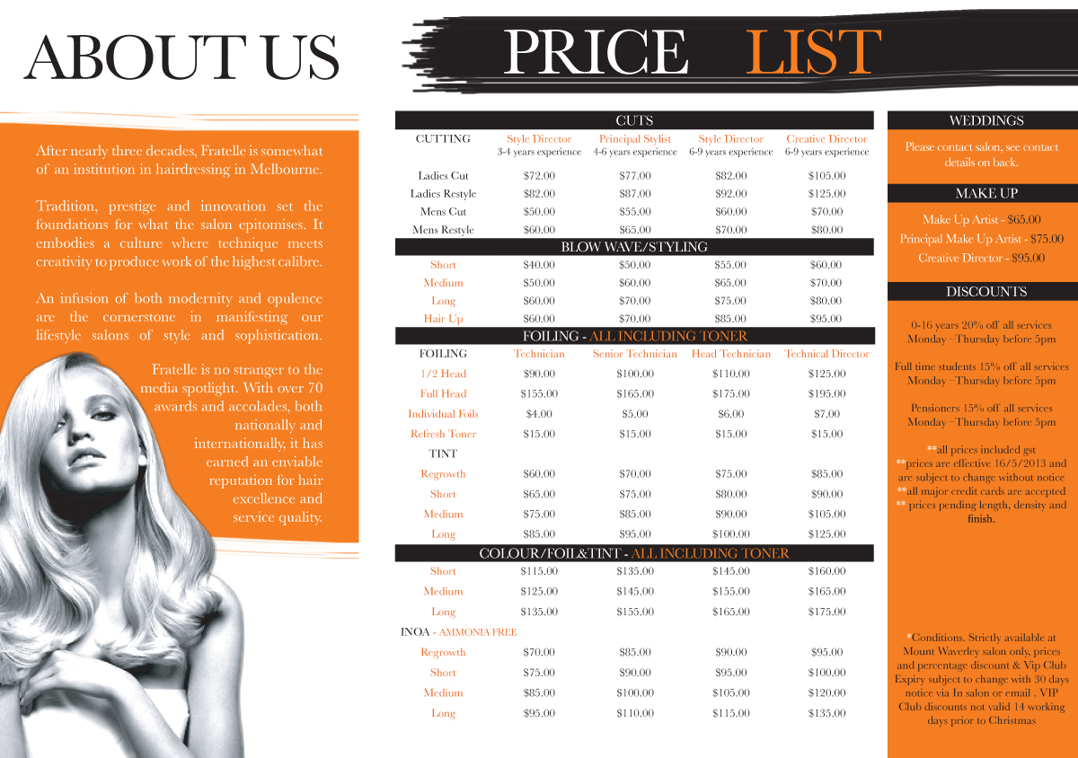 Brochure Design by catherinehopkins for Fratelle Hair & Make up | Design #1838248