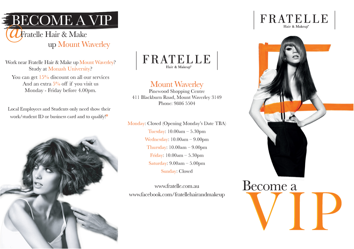 Brochure Design by catherinehopkins for Fratelle Hair & Make up | Design #1843335
