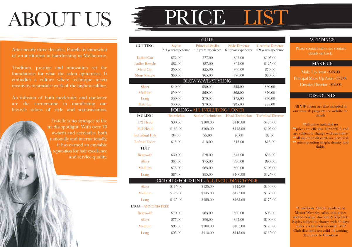 Brochure Design by catherinehopkins for Fratelle Hair & Make up | Design #1843342