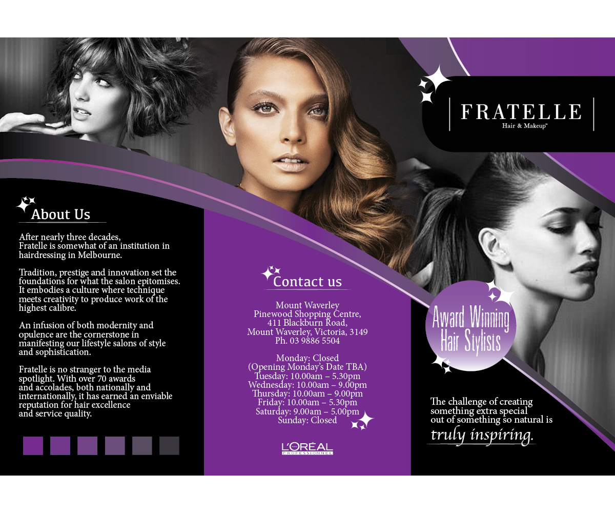 Brochure Design by HauntedDesigns for Fratelle Hair & Make up | Design #1818738