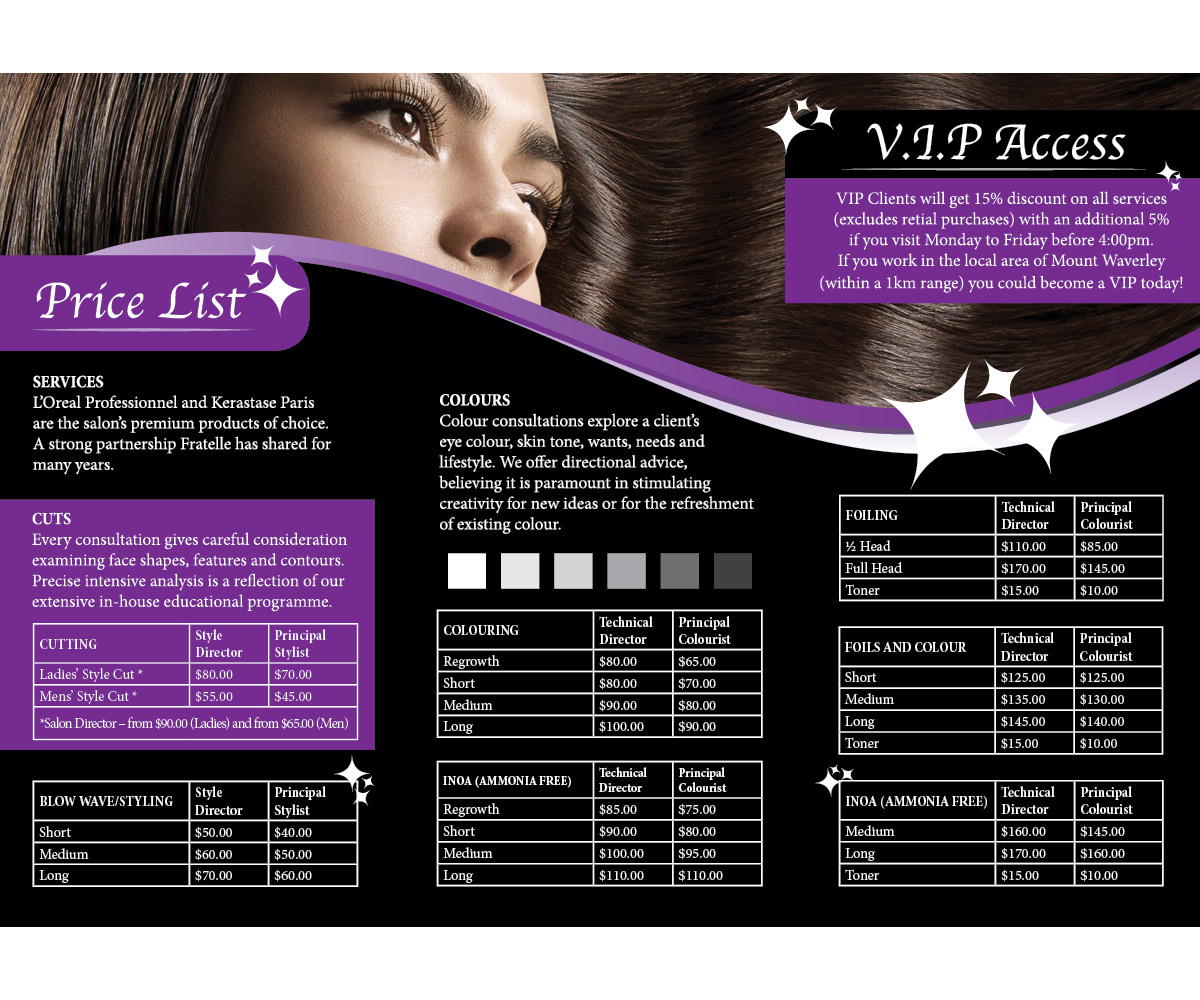 Brochure Design by HauntedDesigns for Fratelle Hair & Make up | Design #1818772