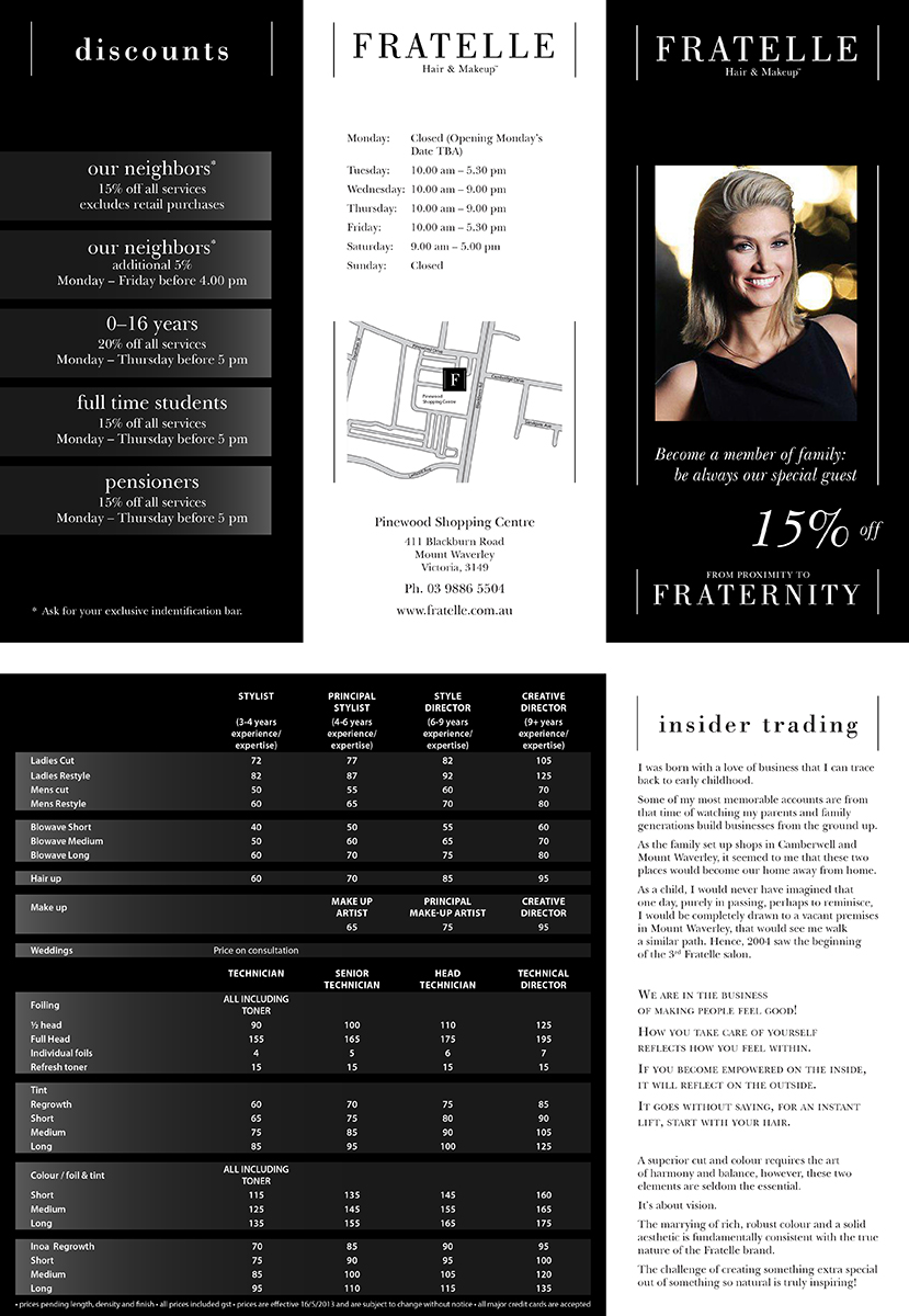 Brochure Design by Maciek for Fratelle Hair & Make up | Design #1835278