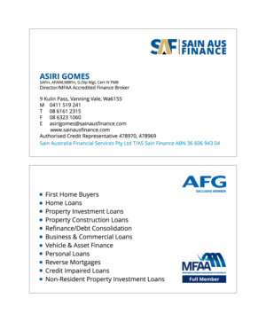 Design de Carte de Visite par adeyinka abodunrin pour Sain Aus Finance | Design : #6947532