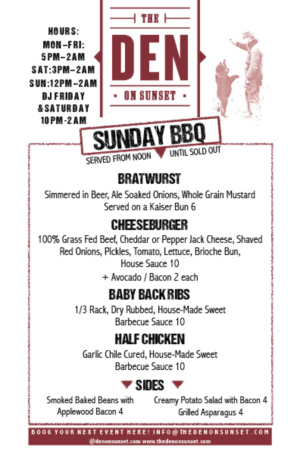 Design de Menu par Marcy M pour The Den On Sunset | Design : #7115559