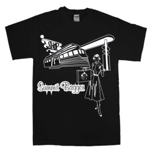 50's housewife holding grocery bags with mountains coming out of top. 