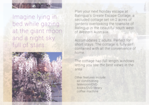Diseño de Flyer por MissyMLam para Balingups'''' Great Escape Cottage | Diseño #7231235
