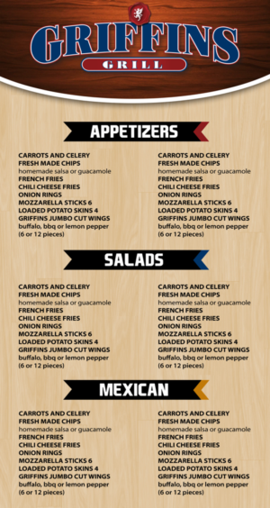 Griffins Menu Design for a sports bar concept | Menu Design by Spektron Designs
