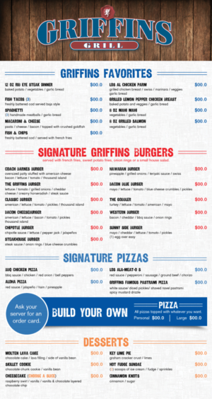 Griffins Menu Design for a sports bar concept
