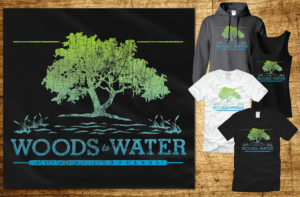 Make a t shirt design that uses the concept of working and playing from woods to water