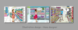 An illustration showing scenarios of foreigners showing bewilderment at a Japanese supermarket | Illustration Design by Hana