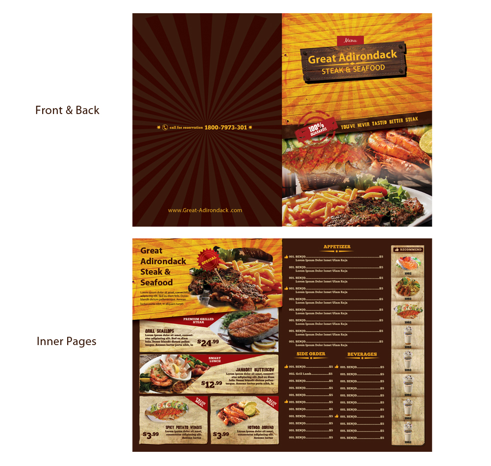 Diseño de Menú por Brown Eyez para Great Adirondack Steak & Seafood Co. | Diseño #1941980