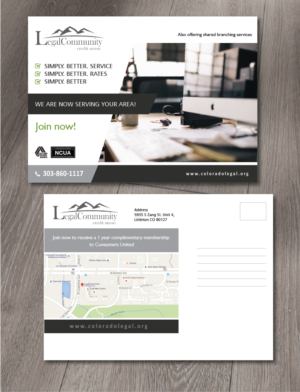 Local mailer to surrounding neighborhoods, announcing the credit union and encouraging membership | Postkarten-Design von alex989