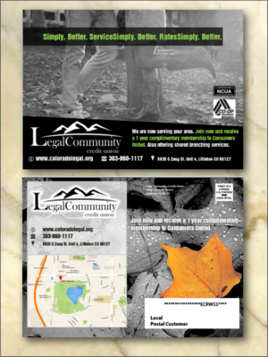 Local mailer to surrounding neighborhoods, announcing the credit union and encouraging membership | Postcard Design by citygirl17