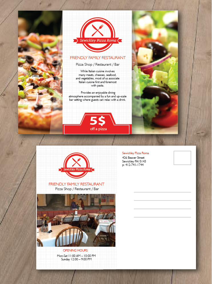 Postcard Design by alex989 for Sewickley Pizza Roma | Design #7807595