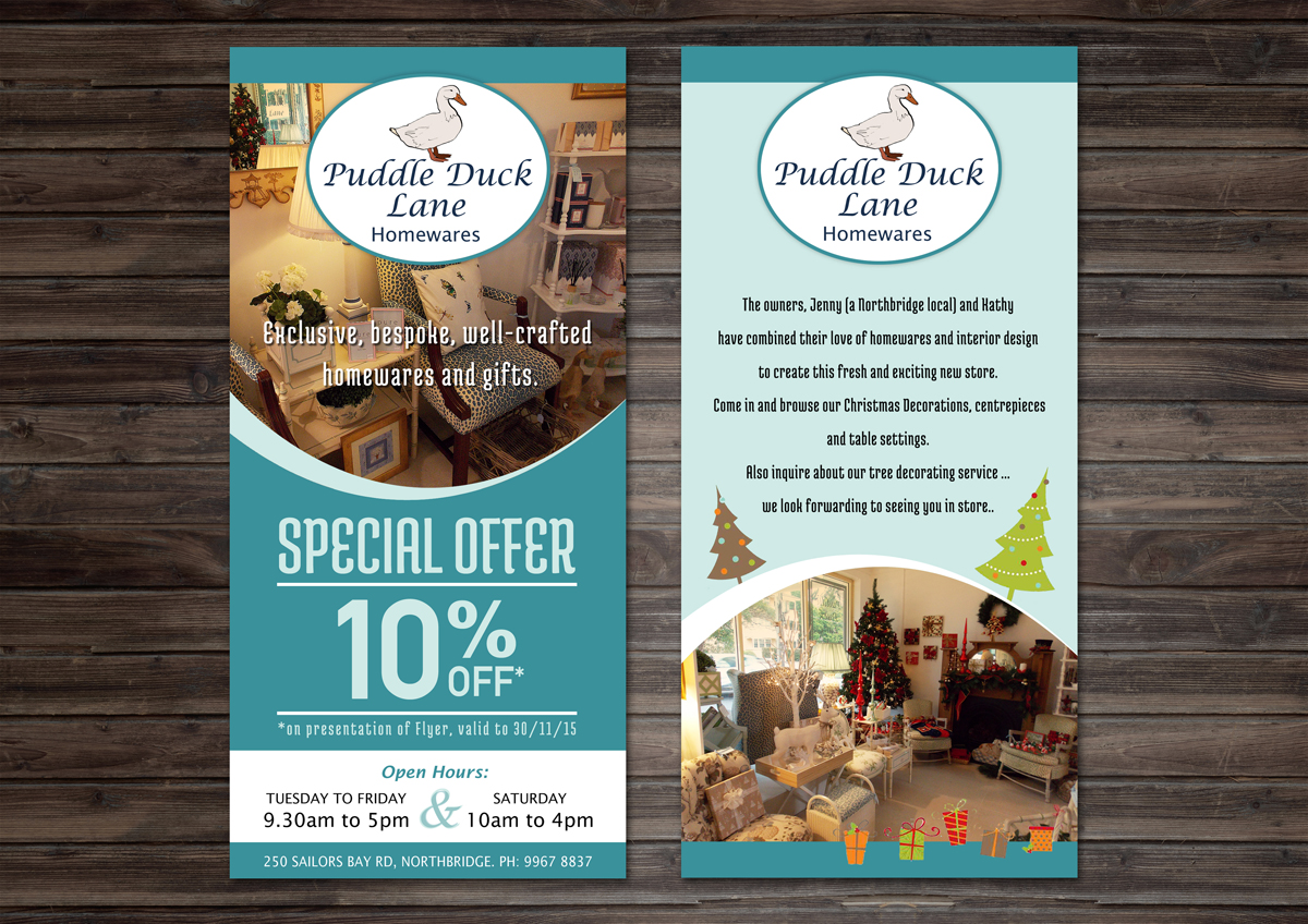 elegant upmarket store flyer design for puddle duck lane homewares store hours flyer