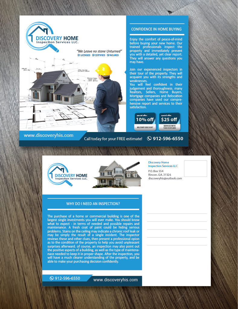 Postcard Design by alex989 for Discovery Home Inspection Services, LLC | Design #7886320