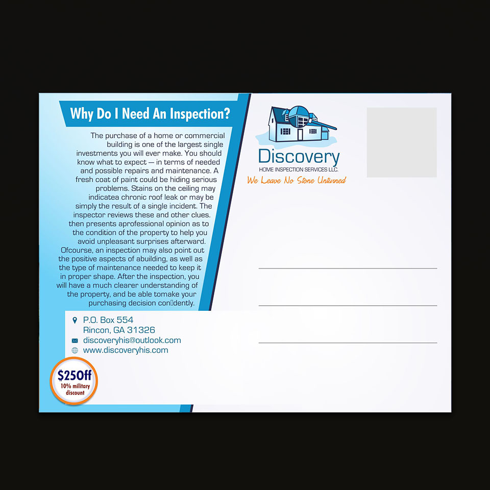 Postkarten-Design von ESolz Technologies für Discovery Home Inspection Services, LLC | Design #7885408