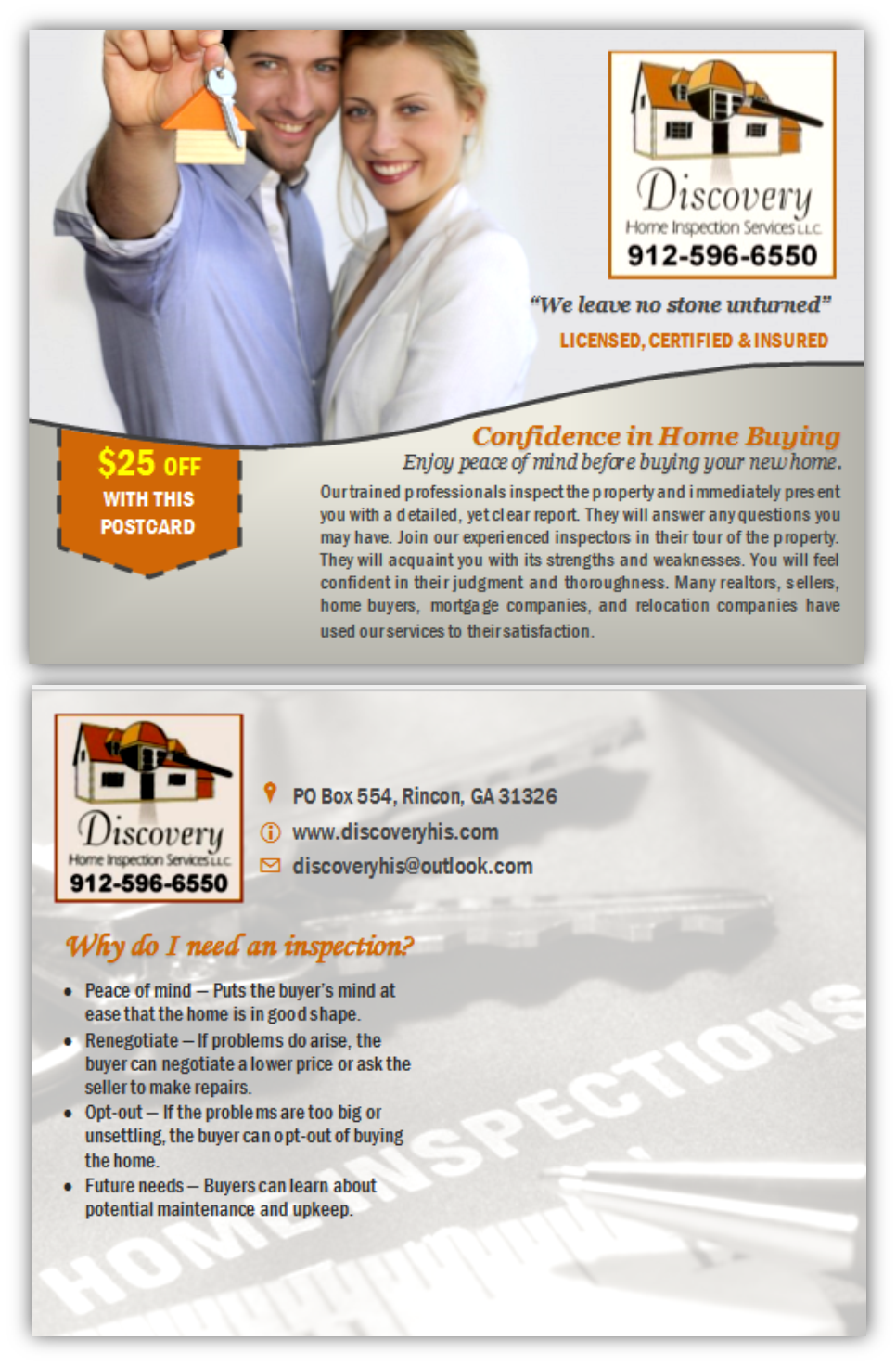 Postcard Design by citygirl17 for Discovery Home Inspection Services, LLC | Design #7903772