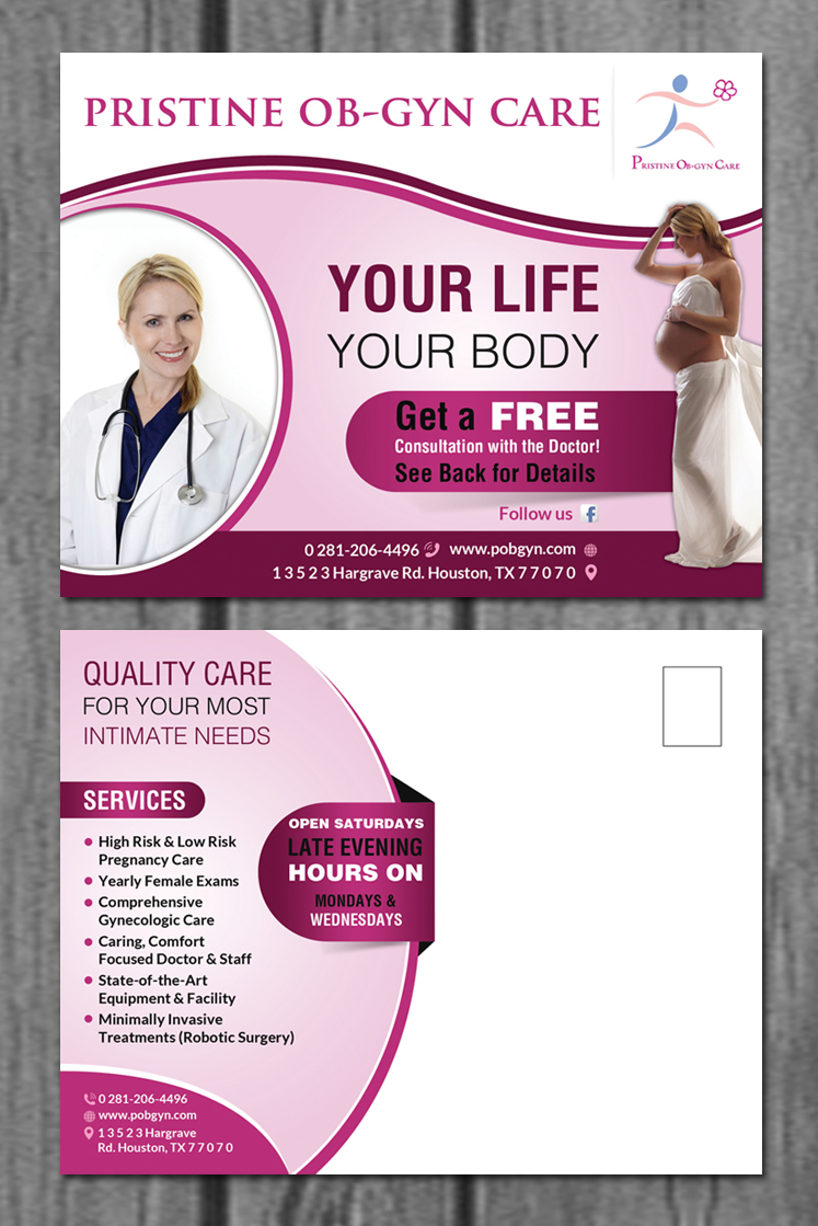 Feminine, Colorful, Healthcare Postcard Design for Pristine Ob-Gyn Care ...